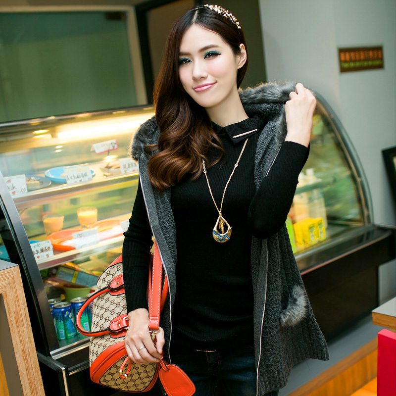 free shipping 2012 autumn and winter women hooded fur collar loose cardigan knitted sweater female outerwear