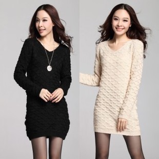 Free shipping 2012 autumn and winter women loose sweater medium-long pullover long-sleeve basic V-neck plus size knitted 2