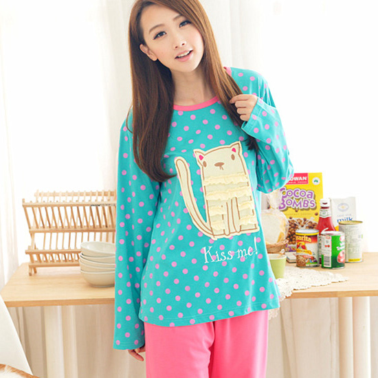 free shipping 2012 autumn and winter women's cartoon green cat sleepwear knitted cotton long-sleeve casual lounge