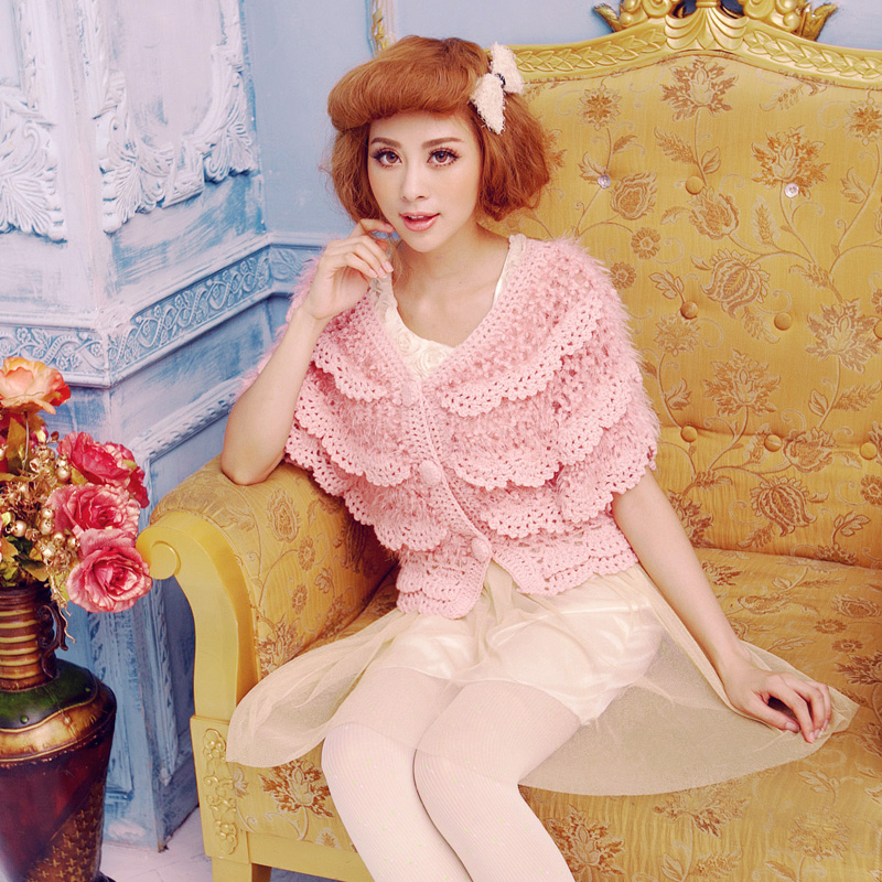 free shipping 2012 autumn and winter women sweet gentlewomen half sleeve crochet cutout knitted coat