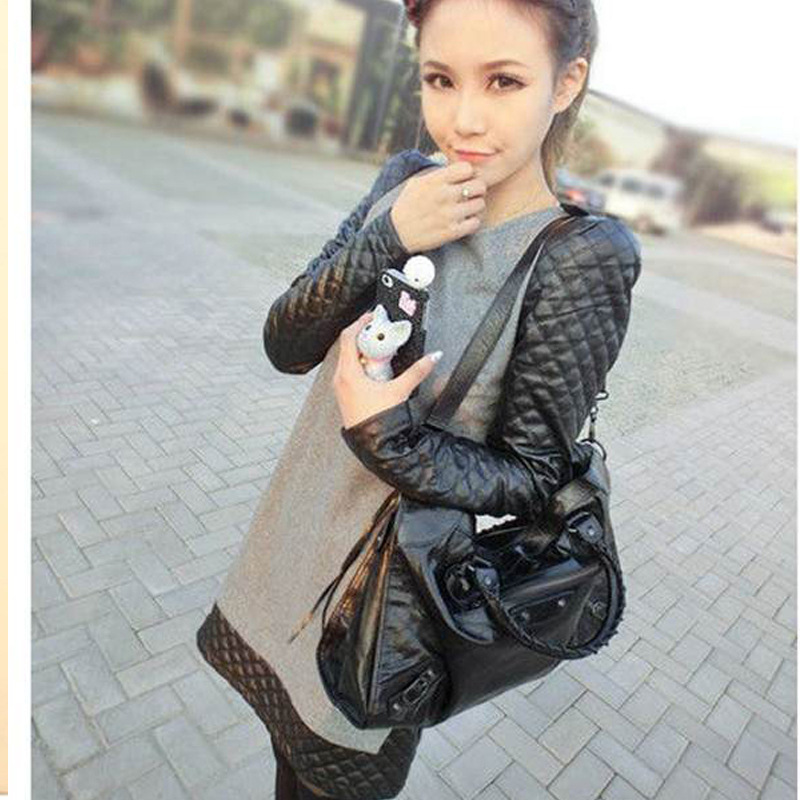 Free shipping 2012 autumn and winter women woolen patchwork leather shoulder pads small long-sleeve dress