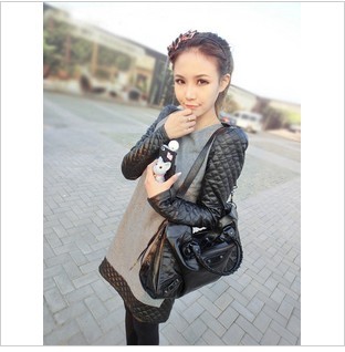 Free Shipping 2012 autumn and winter woolen dress patchwork leather shoulder pads long-sleeve dress(Average)121001#13