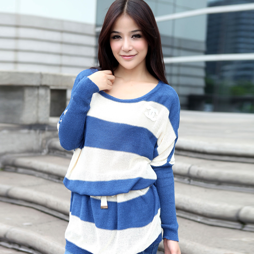 Free shipping 2012 Autumn Batwing sleeve loose plus size Stripe slim waist Women Sweater Coat