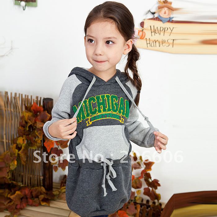 free shipping 2012 autumn best selling long kids hoodies sweatshirt fleece lining girls dress age 4-11 Y