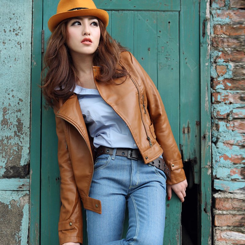 Free Shipping! 2012 Autumn Black Motorcycle Rivet Short Design Women's PU Brown Leather Jacket Outerwear B06652#