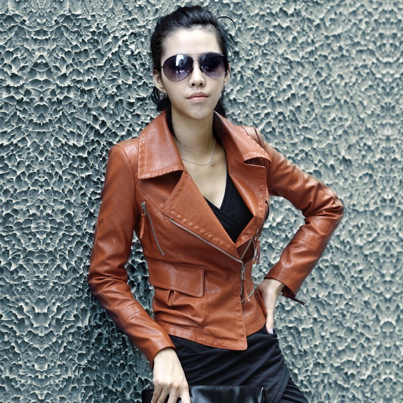 Free Shipping! 2012 Autumn Blazer Style Black, Pink,Orange,Beige Zipper Motorcycle PU Leatherette Jaceket  For Women B06650#