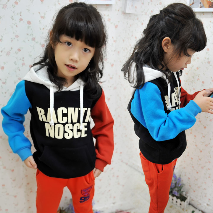 Free shipping 2012 autumn children's clothing female child color block sleeves letter with a hood sweatshirt thickening fleece