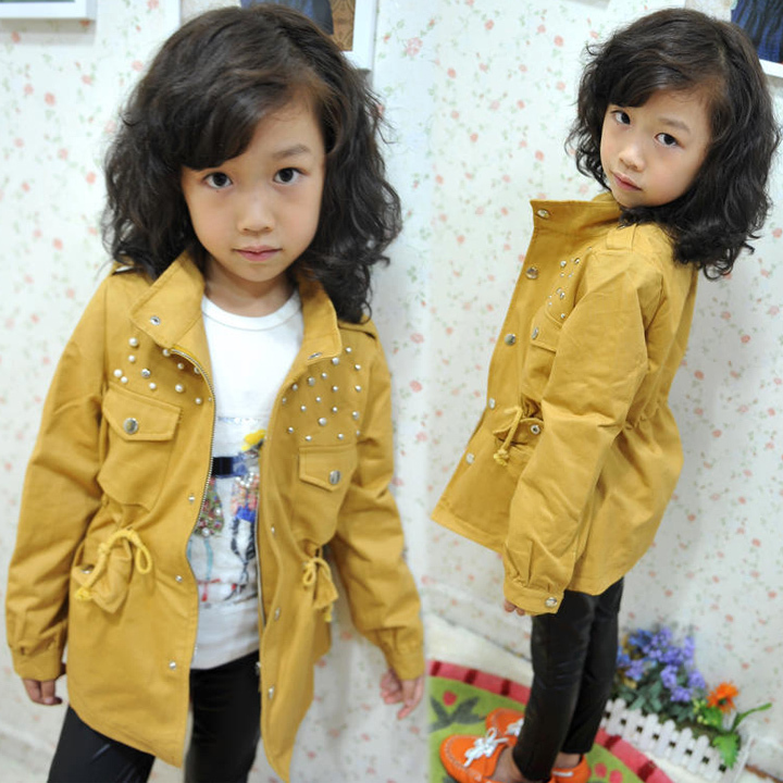 Free shipping 2012 autumn children's clothing - female child rivet slim waist slim medium-long trench outerwear