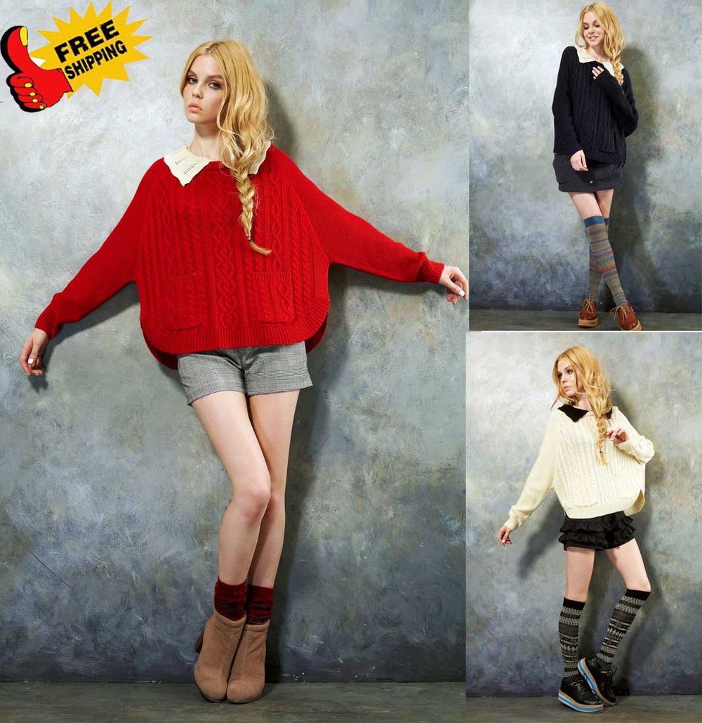 Free shipping 2012 Autumn Cloak sweet preppy peter pan collar pocket batwing sleeve pullover loose sweater plus size
