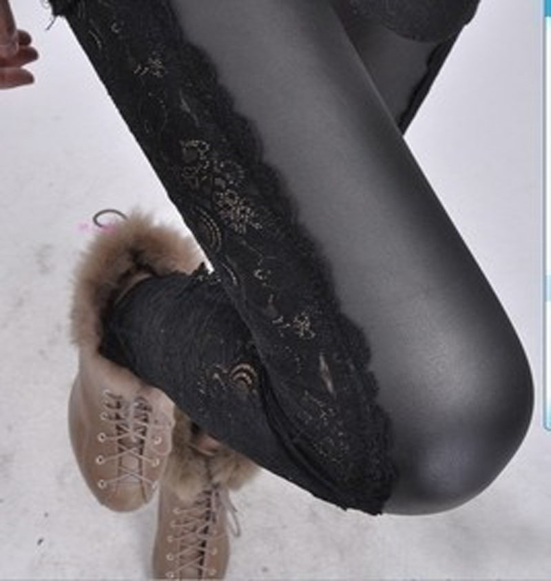 Free shipping 2012 autumn elastic legging faux leather lace legging lace patchwork faux leather ankle length trousers