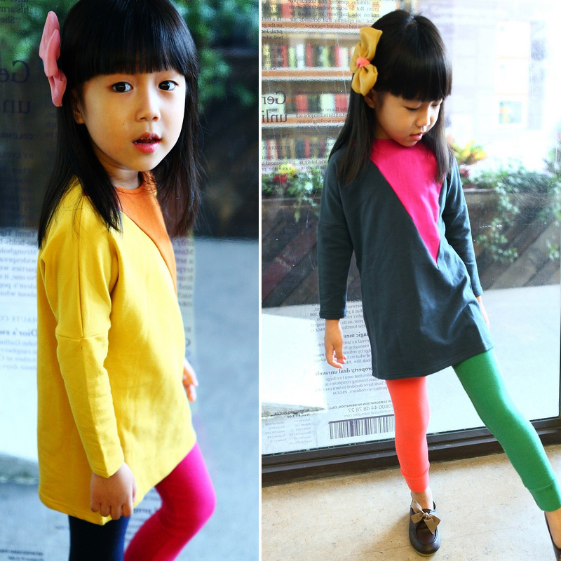 free shipping 2012 autumn fashion o-neck candy color geometry patchwork long design child dress clothes sweatshirt g4
