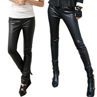 free shipping 2012 autumn fashion plus size normic mid waist faux leather pants elastic boot cut jeans