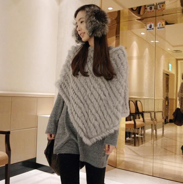 Free shipping, 2012 autumn fashion triangle rabbit fur knitted fur coat grey fur cape cloak