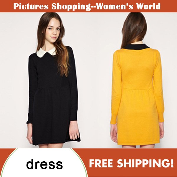 Free shipping!2012 autumn fashion women clothing cute long sleeve knitted cotton blend peter pan collar lady's shift dress #7892
