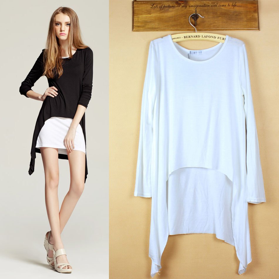 Free Shipping 2012 autumn fashion women tee irregular sweep cotton long sleeve T shirt mullet tops blouse SY0005 black, white