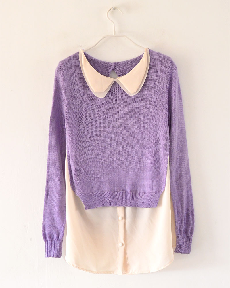 Free Shipping 2012 autumn faux two piece small lapel chiffon patchwork long-sleeve pullover sweater 4 0822 wholesale