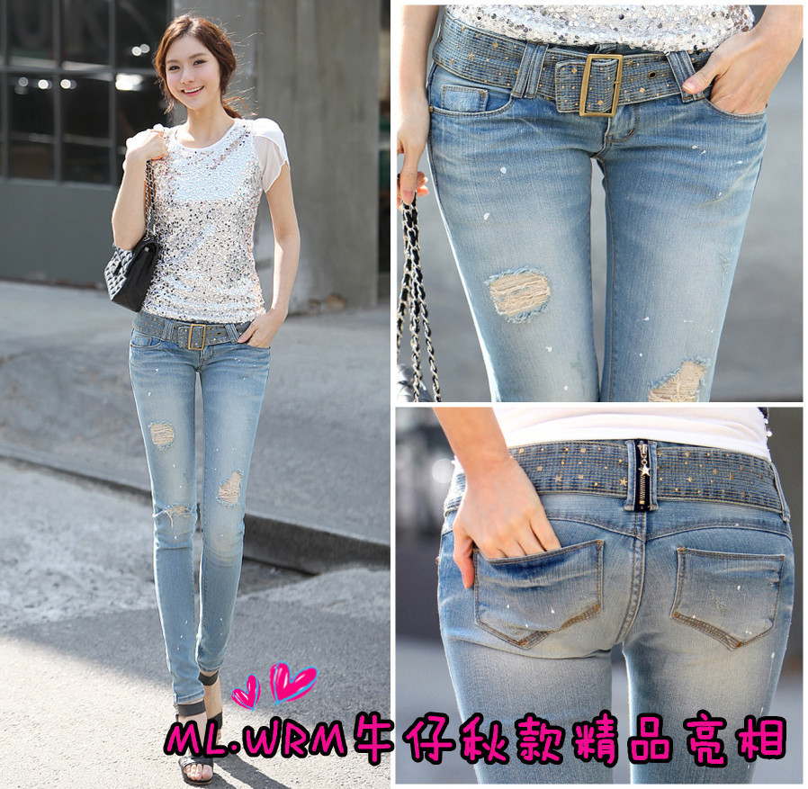 Free shipping 2012 autumn female pencil pants hole skinny pants ultra elastic denim trousers  Appear thin cotton