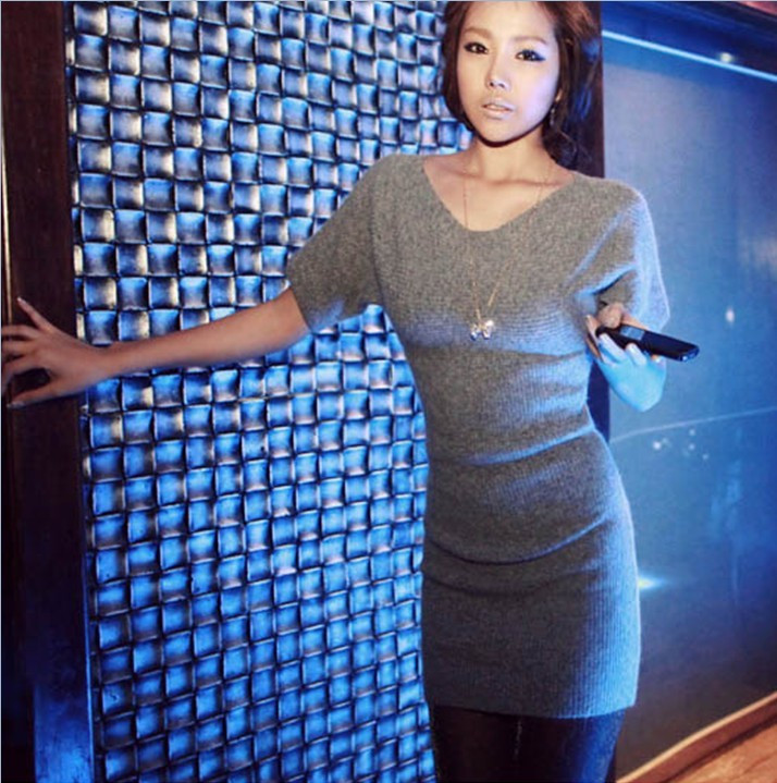 Free shipping!2012 autumn gentlewomen brief solid color tight slim hip basic shirt short sleeve length sweater dress outerwear