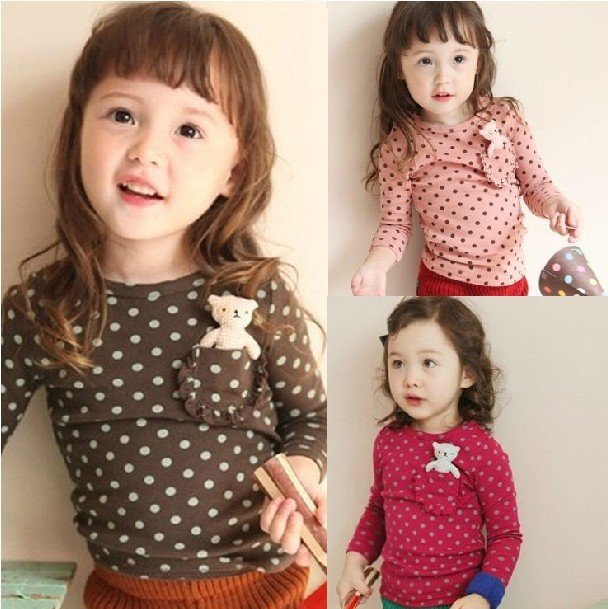 Free shipping 2012 Autumn girls baby new dot the pocket bear long-sleeved t-shirts, and children's casual jacket 5pcs/lot
