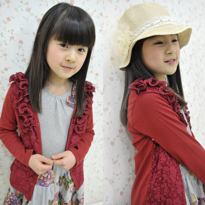 Free shipping 2012 autumn girls clothing - female child sweet baimuer flower lace patchwork cardigan