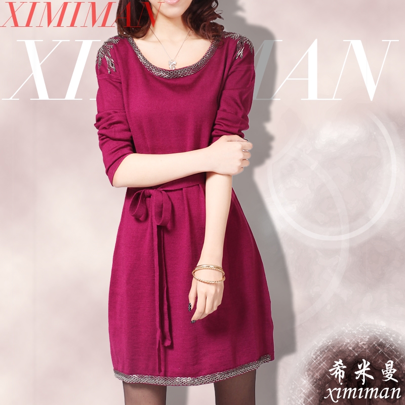 Free shipping 2012 autumn handmade delicate beading sheep wool knitted one-piece dress fashion clothes