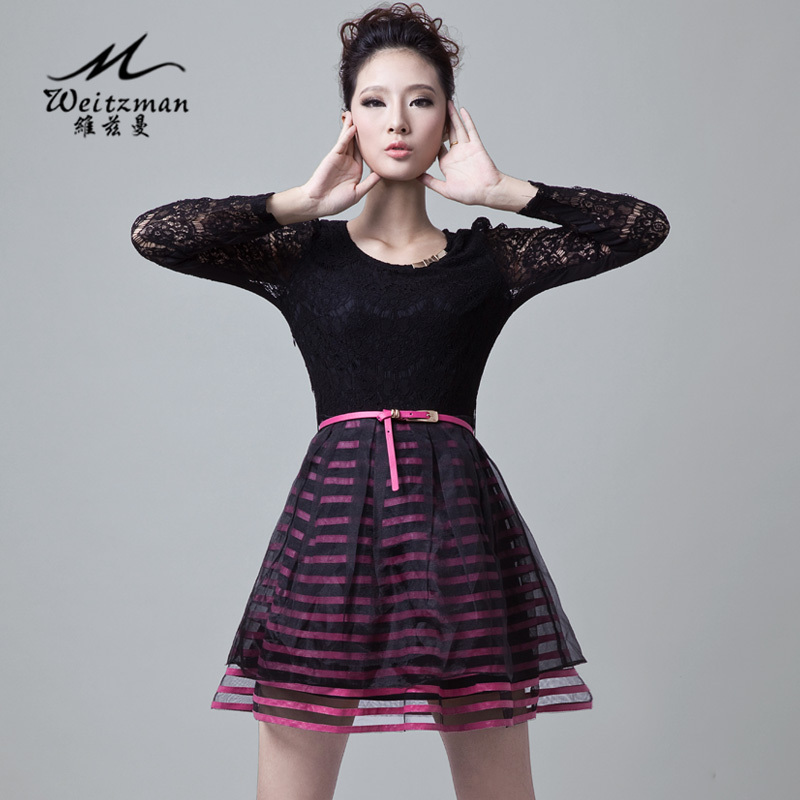 Free Shipping 2012 autumn high quality stripe genuine leather luxury organza princess lace long-sleeve dress