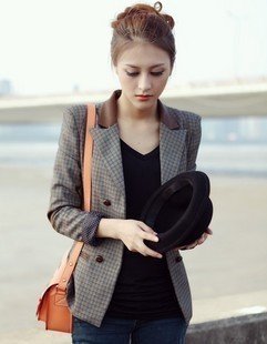 Free shipping-2012 autumn ladies' jackets outerwear fashion short design slim plaid casual suit S~XXL