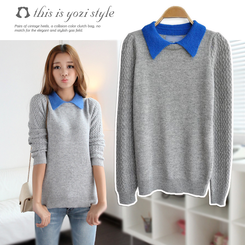 Free shipping 2012 autumn new arrival slim colorant match peter pan collar long-sleeve knitted sweater ladies' sweater w-845