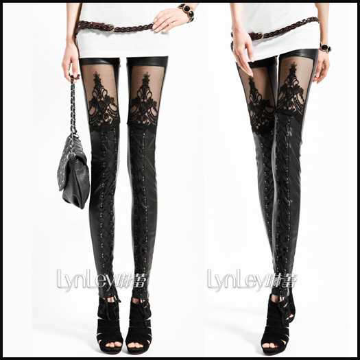 Free Shipping 2012 autumn new arrival women's ankle length legging fashion gothic punk faux leather lace slim