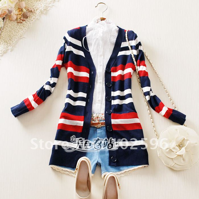 Free Shipping: 2012 autumn new arrival women's medium-long V-neck stripe sweater   Li12053