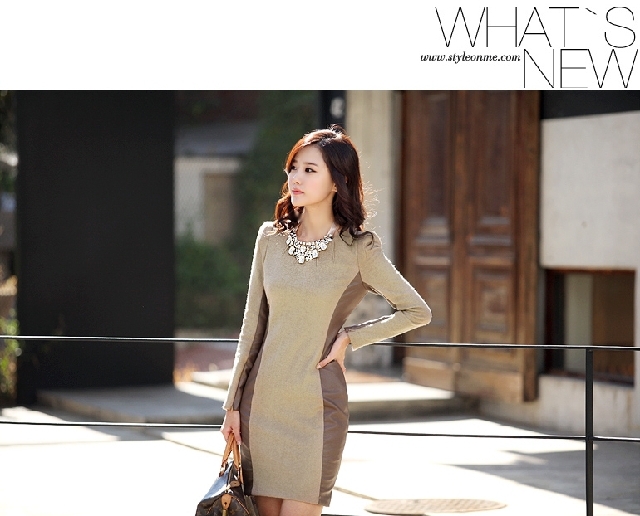 Free Shipping,2012 Autumn New Fashion Women's Knitted Leather Patchwork Dress,Casual Knee-Length Sheath Dress,S/M/L/XL/XXL/XXXL