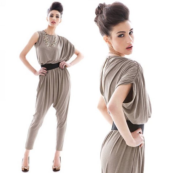 Free shipping/2012 Autumn New/HotJumpsuits & Rompers/Fashion/charm/asymmetric/one-shoulder/wrinkle/gray/Dress/Cotton/RG1207037