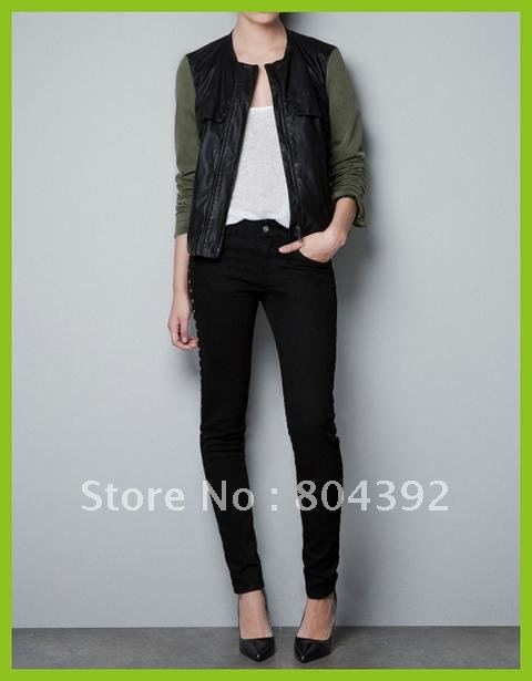 Free Shipping 2012 Autumn New style Women Fashion Leather Jackets Splice Green Sleeve Coats Zipper Winter Jackets Drop Ship