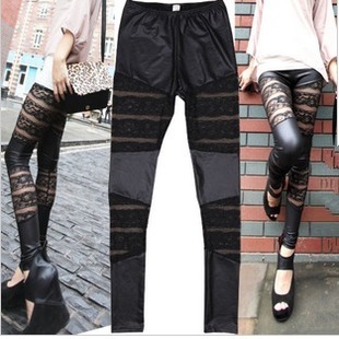 free shipping 2012 autumn pencil pants rose lace faux leather horizontal stripe double ankle length legging female