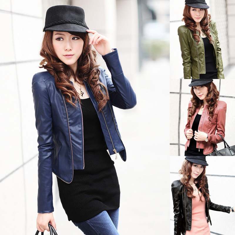 Free shipping 2012 autumn short design slim o-neck motorcycle jacket PU long-sleeve plus size leather clothing female