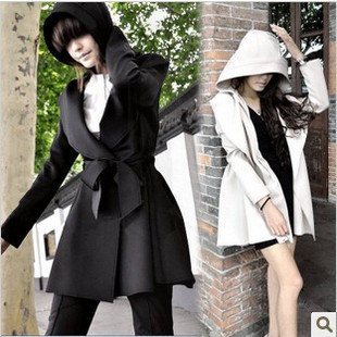 Free shipping 2012 autumn slim with a hood medium-long trench outerwear   windbreake   black   white woman
