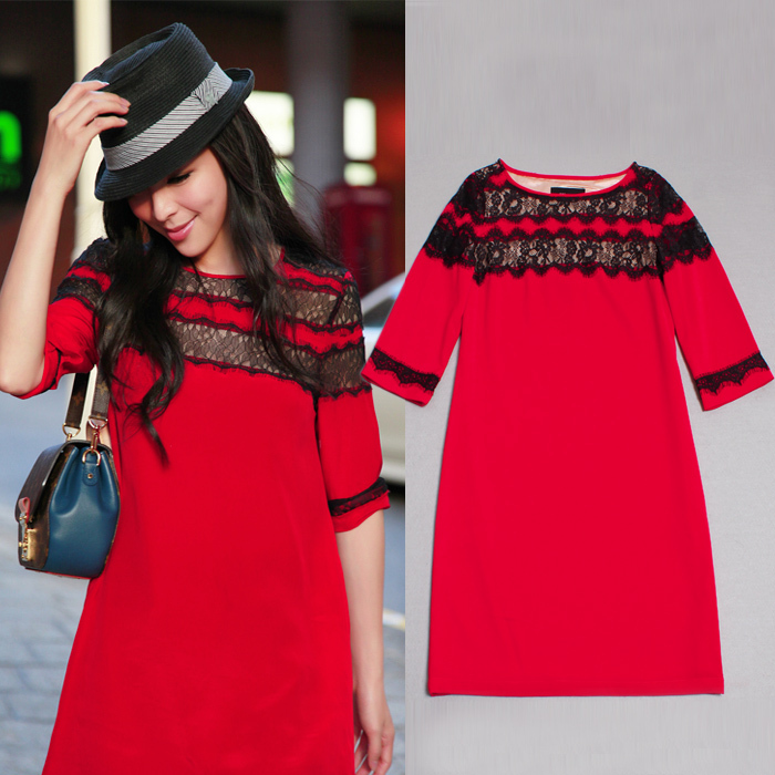 Free Shipping 2012 Autumn  Spring women's fashion eyelash lace perspective red  dress 6231