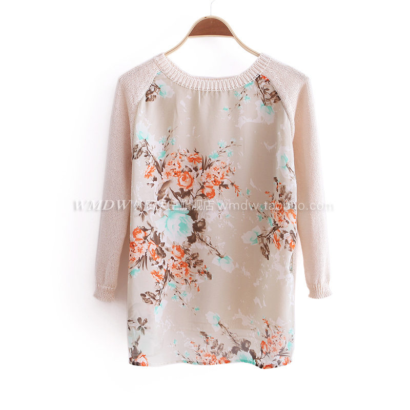 free shipping 2012 autumn sweet flower print chiffon patchwork o-neck pullover sweater wx1008