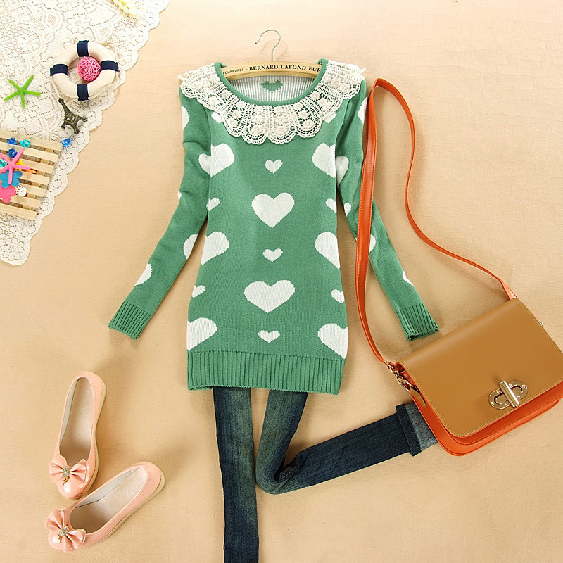 Free shipping 2012 autumn sweet laciness fashion love pattern medium-long slim cardigan sweater