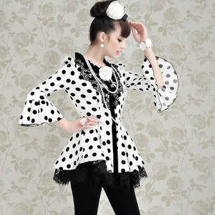 free shipping 2012 autumn white and black polka dot lace ruffle half sleeve trench women's