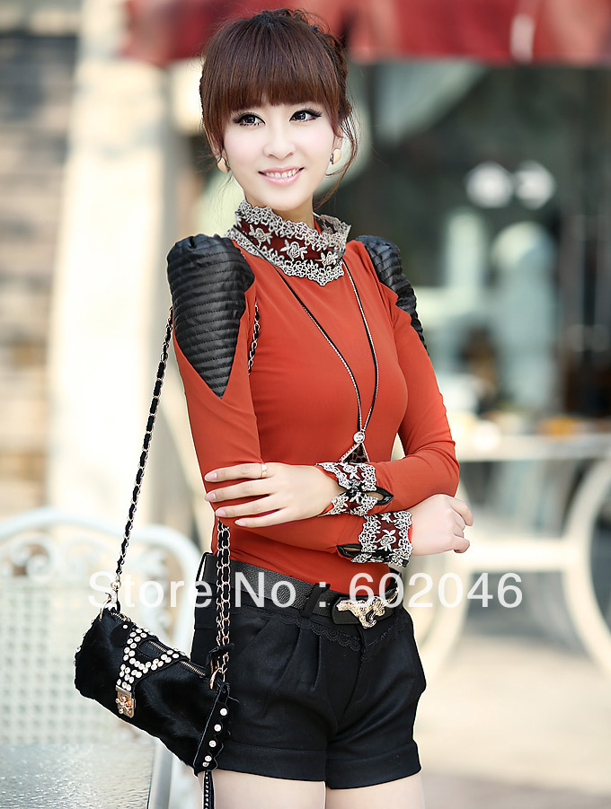 FREE SHIPPING 2012 AUTUMN WINTER FEMALE MODELS NEW KOREAN VERSION OF THICKENED PU LEATHER STITCHING PUFF LACE BOTTOMING SHIRT