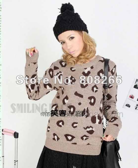 free shipping 2012 autumn winter hot leopard long sleeve knitted sweater for women coffee/grey