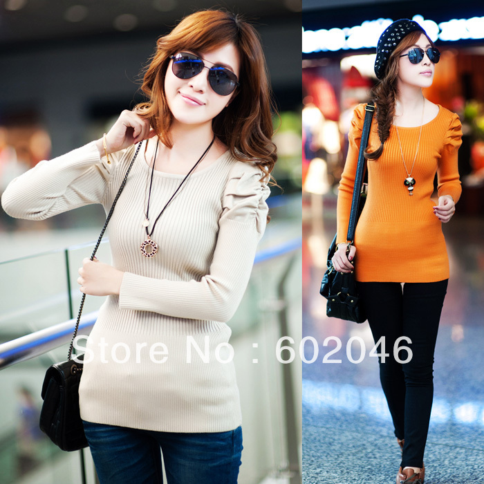 FREE SHIPPING 2012 AUTUMN WINTER KOREAN NEW HUBBLE-BUBBLE SLEEVE PURE COLOR LOW COLLAR SWEATER FASHION FEMALE PARAGRAPH SWEATER