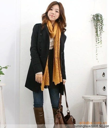 Free shipping 2012 autumn winter women's casual fashion black gray double breasted plate wool trench coats overcoats Wholesale