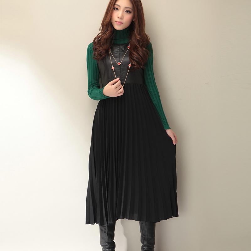 free shipping 2012 autumn winter women's new arrival leather chiffon tank dress lyq425
