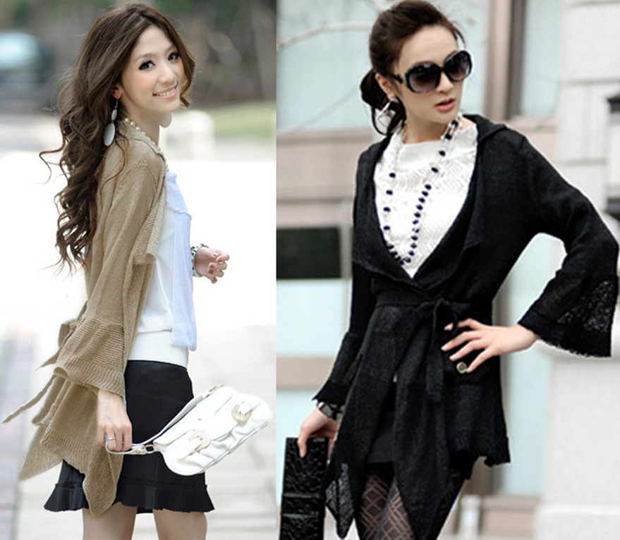 Free Shipping 2012 autumn women's all-match slim flare sleeve medium-long knitted sweater irregular cardigan