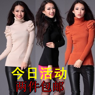 Free Shipping! 2012 autumn women's all-match slim turtleneck thickening basic shirt sweater puff sleeve sweater -hb