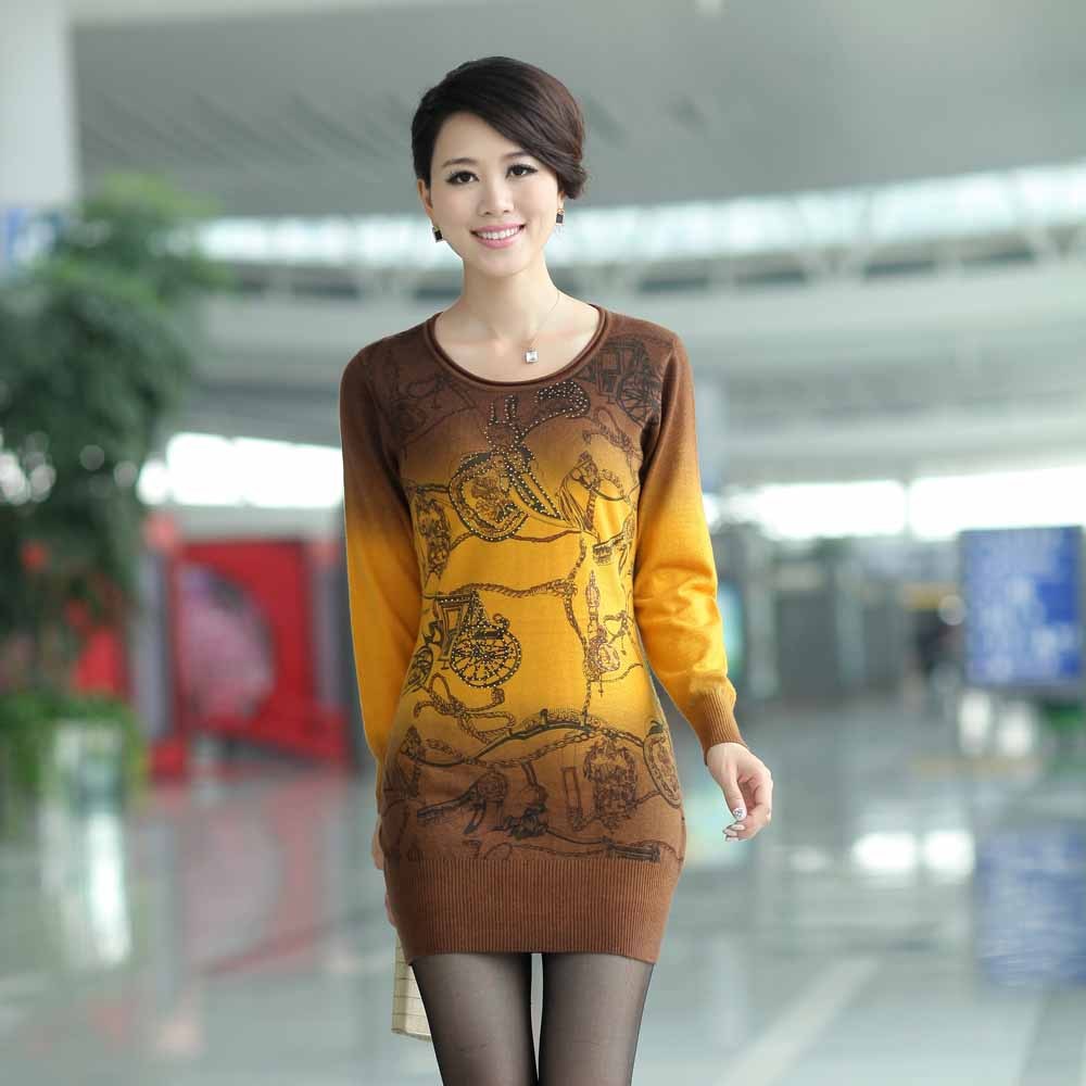 Free shipping 2012 autumn women's british style taste slim o-neck sweater print rhinestones sweater dress