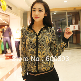 Free shipping 2012 Autumn women's cotton vintage decorative pattern top small lapel long-sleeve shirt  silk floss blouse
