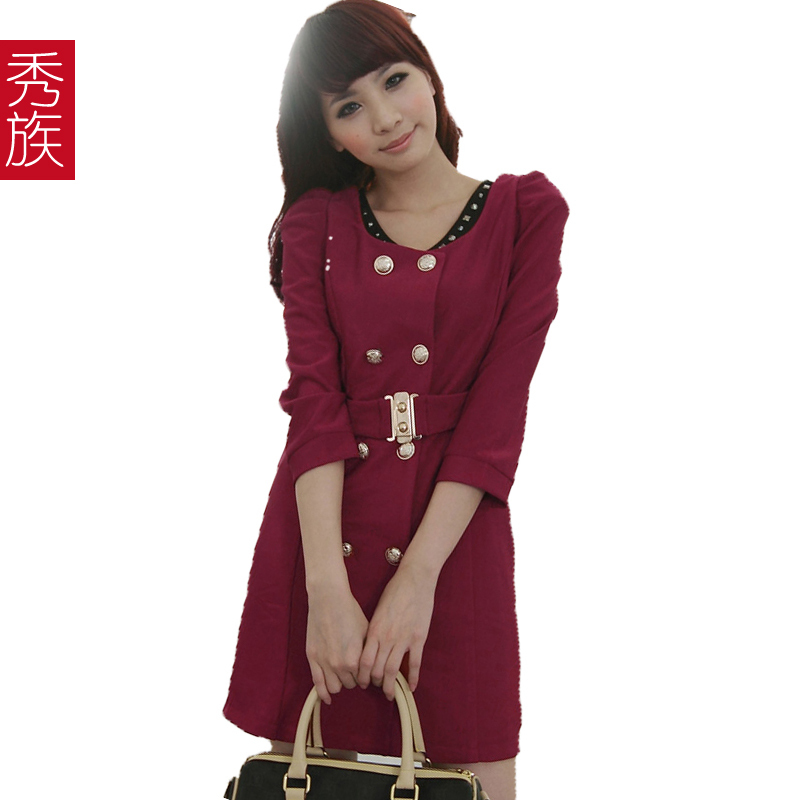 Free Shipping 2012 autumn women's double breasted puff half sleeve medium-long trench outerwear